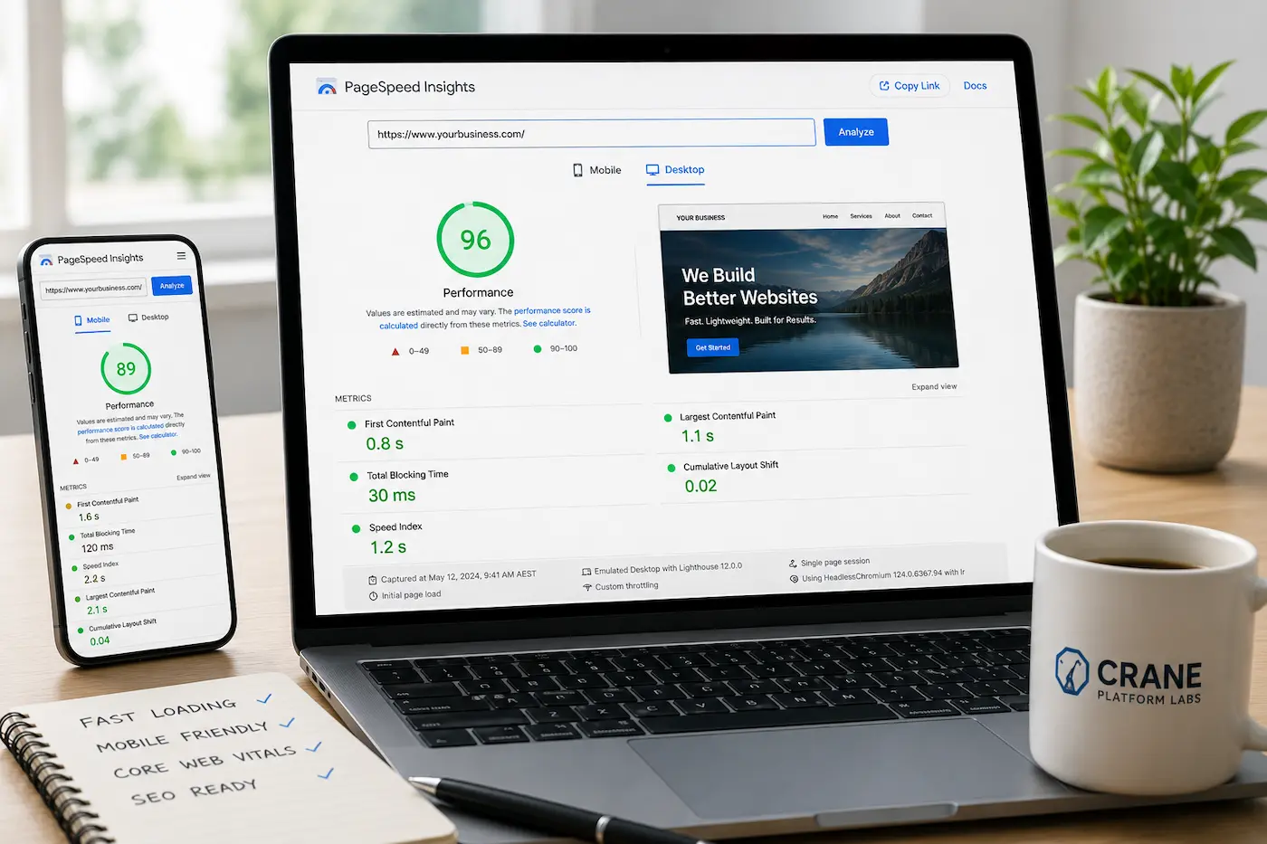 Google PageSpeed Insights testing business website speed, accessibility and performance