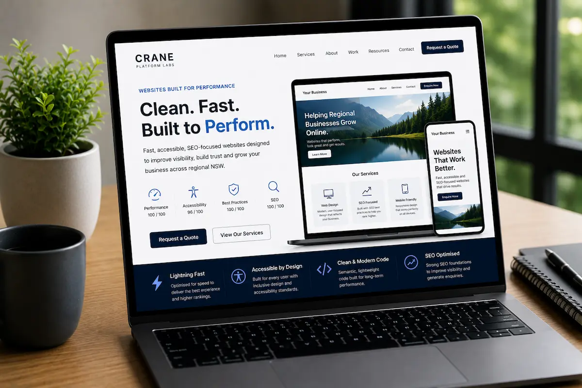 Modern business website design focused on fast performance, accessibility, mobile usability and SEO