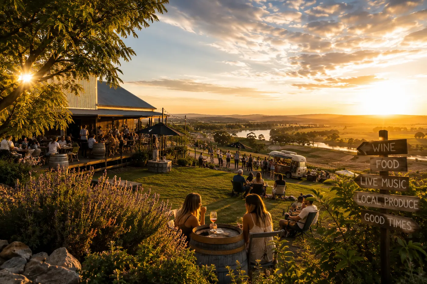 Regional NSW winery tourism destination with food wine live music and visitors enjoying the Riverina