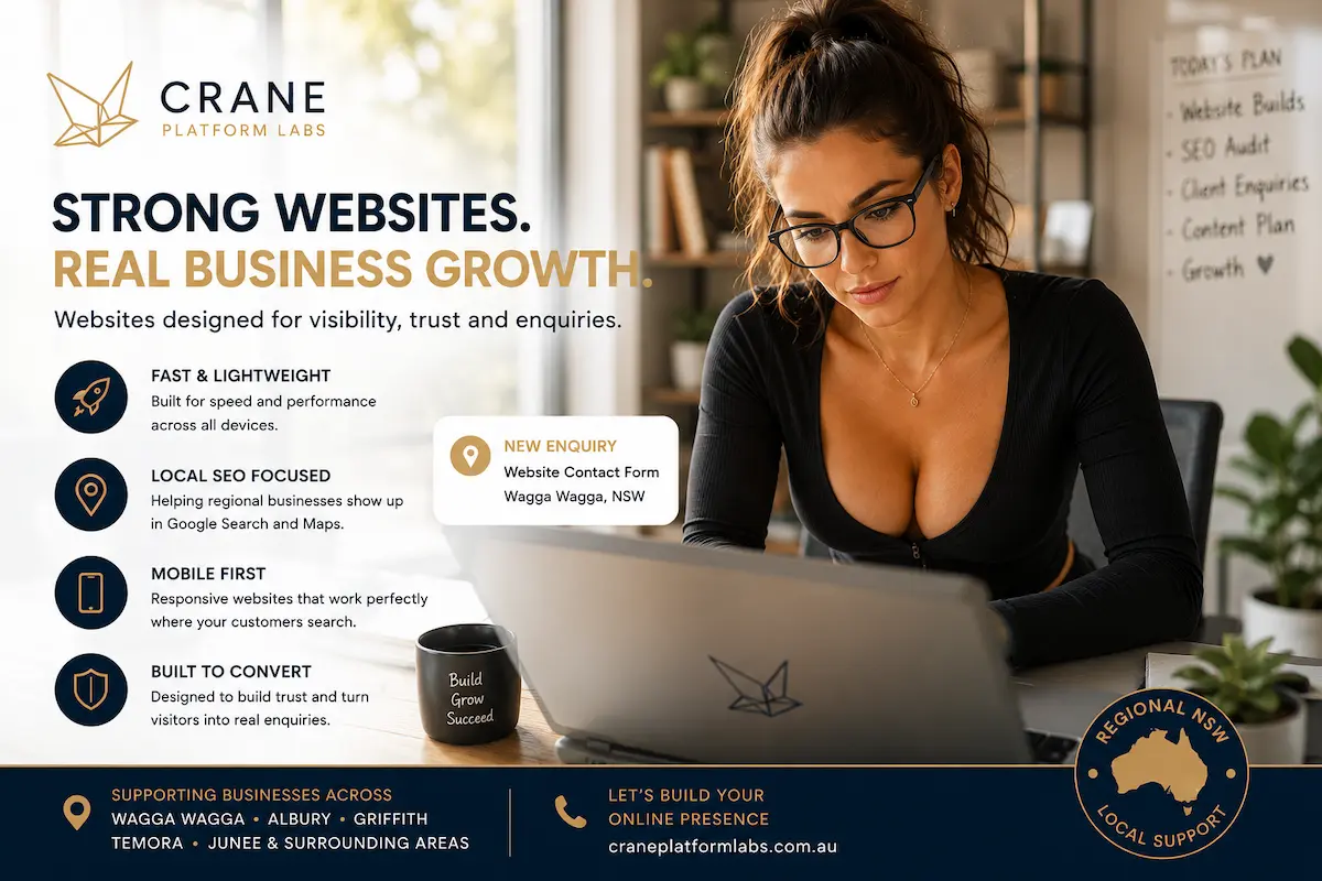 Regional NSW small business owner building a business website while working inside a modern local business environment