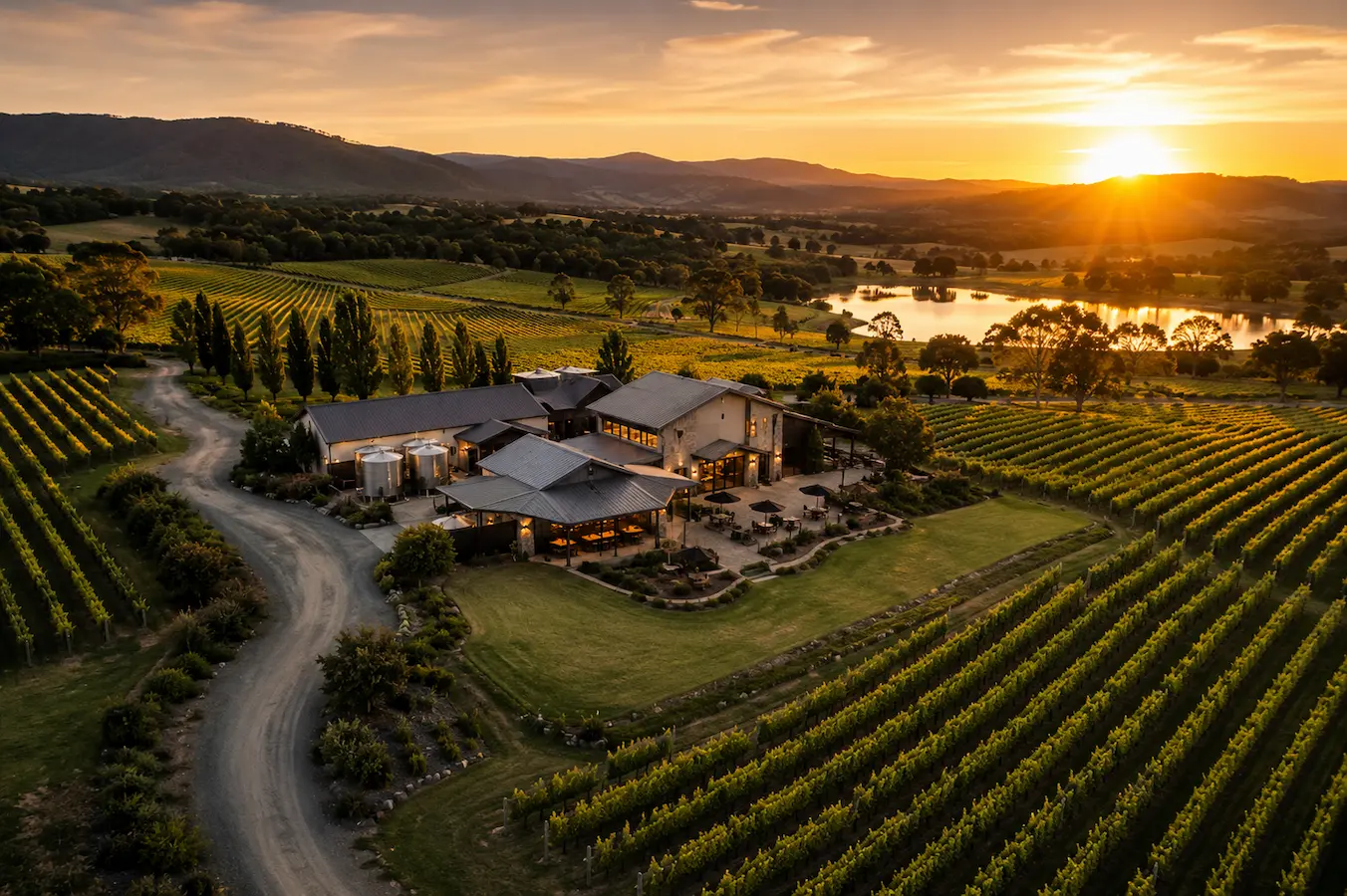 Drone view of vineyard and winery tourism destination in regional New South Wales